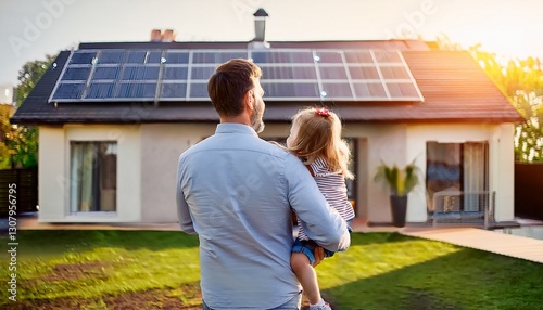 Rear view of dad holding her little girl in arms and showing at their house with installed solar panels. Alternative energy, saving resources and sustainable lifestyle concept. 