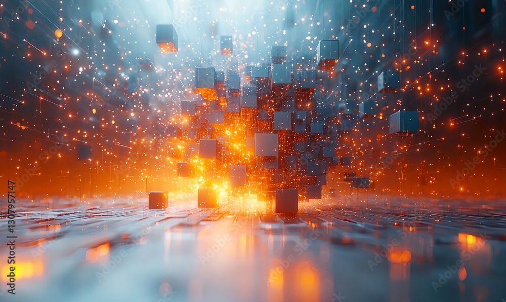 Obraz premium Abstract digital space with floating cubes on a white gradient background featuring a central cluster emitting orange light with blue and red shadows