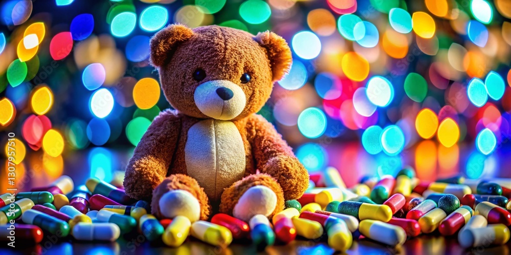 Fototapeta premium Abstract Teddy Bear with Blurred Pills, Bokeh Background - Polypharmacy Concept Stock Photo
