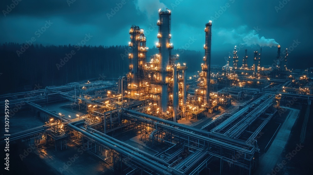 Fototapeta premium Environmental disaster! Factory plant night view. Industrial complex with towers. Pipes and lights glowing. Smoke stacks on sky. Oil chemical production.