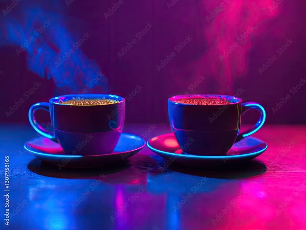 Fototapeta premium Cyberpunk Coffee Break, Two Cups in Neon Hues with Rising Steam
