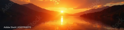 Golden hour sunlight paints calm water, fiery reflections , calm, palette