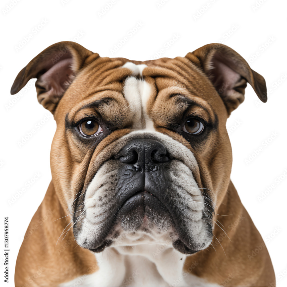Bulldog close-up with an intense gaze and prominent wrinkles, isolated on transparent background. Bulldog close-up with an intense gaze and prominent wrinkles, isolated on transparent background.