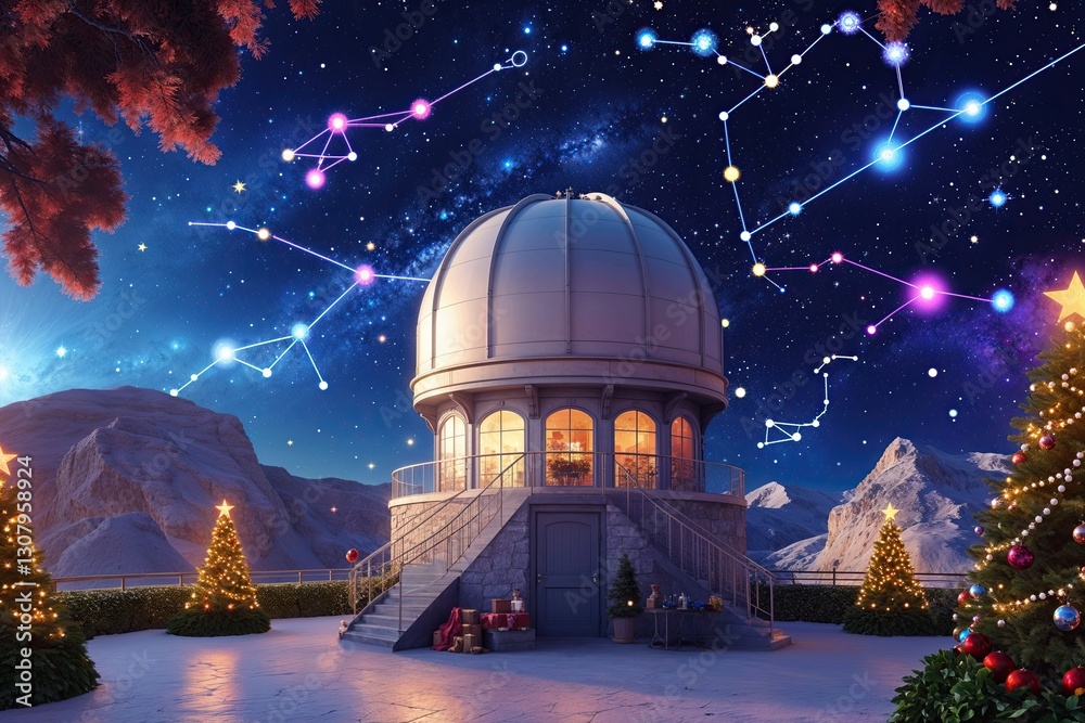 Fototapeta premium Enchanting Holiday Wallpaper with Dreamy Observatory and Colorful Constellations