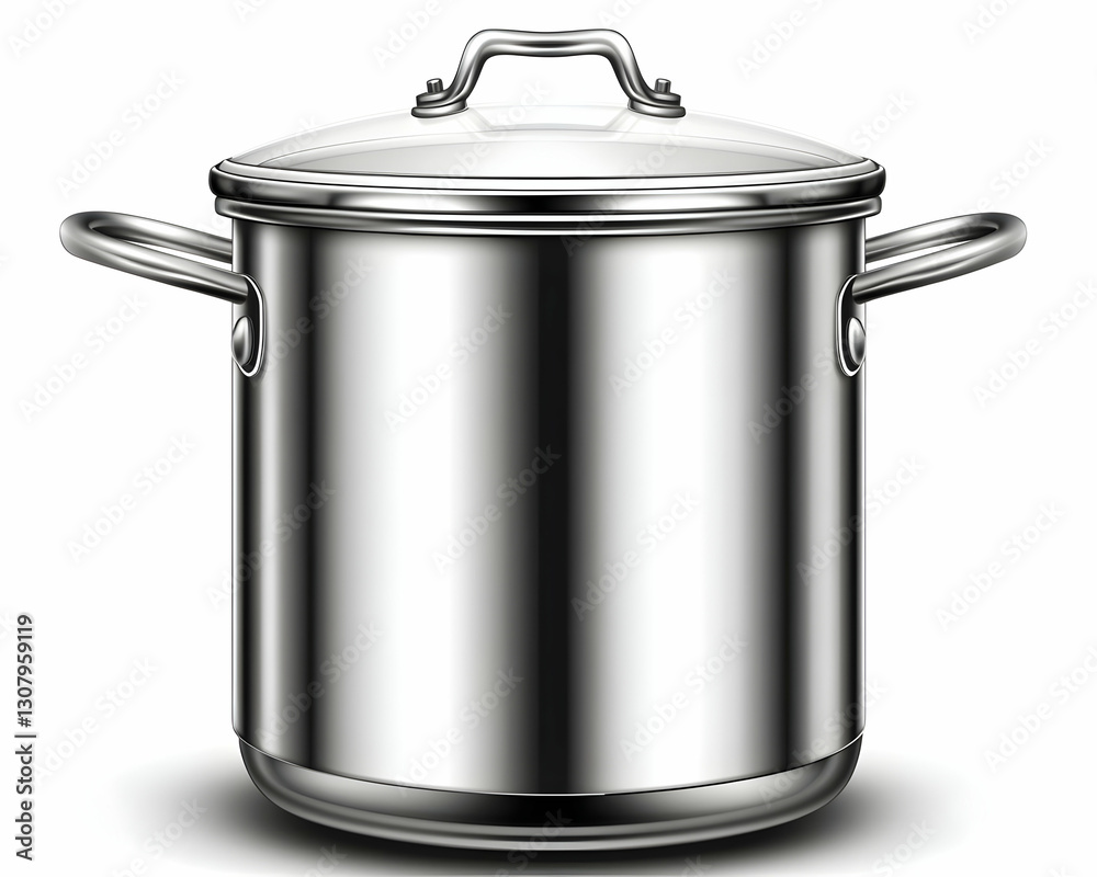Shiny Stainless Steel Stock Pot with Glass Lid - Realistic Kitchenware Illustration Shiny Stainless Steel Stock Pot with Glass Lid - Realistic Kitchenware Illustration