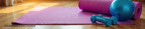 Yoga mat, dumbbells, exercise ball on hardwood floor, fitness equipment, bodyweight training, exercise routine
