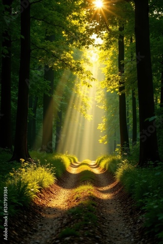 Bright sunlight streams through trees onto a dirt path , golden hour, sunbeams