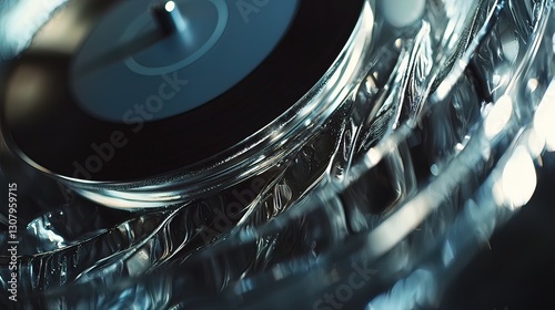 Close-up of a turntable's platter and needle, showcasing the vinyl record's surface and the reflection of lights.