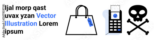 Shopping bag, receipt-confirming payment device, and skull with crossbones. Ideal for e-commerce, safety warnings, consumer habits, digital purchases, financial risk, fraud awareness flat landing