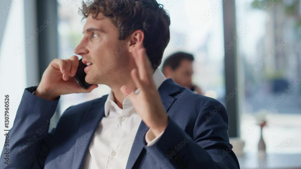 Business people sitting cafe calling cellphones closeup. Excited man talking Business people sitting cafe calling cellphones closeup. Excited man talking