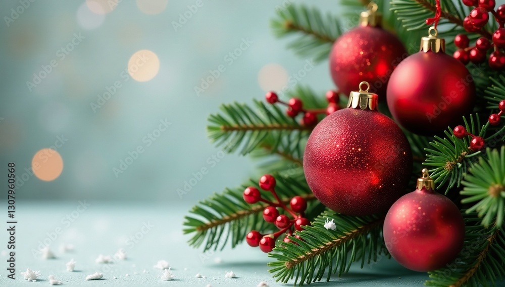 Fototapeta premium Decorative red Christmas ball wreath on branch, christmas balls, ornaments