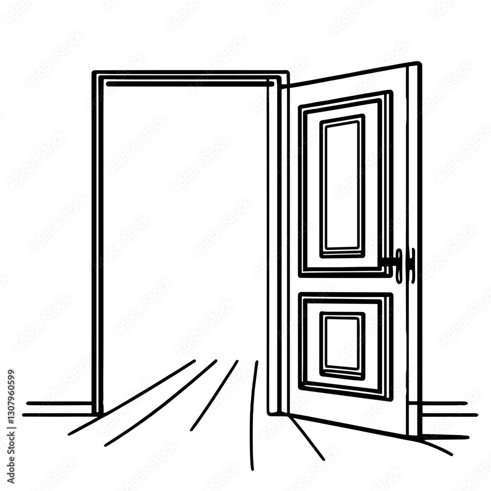 Open door line art illustration, minimalist design, inviting entrance, symbol of new opportunities Open door line art illustration, minimalist design, inviting entrance, symbol of new opportunities