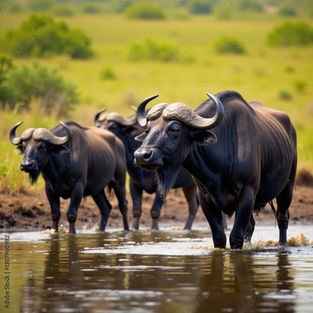 Large cape buffalo herd wallowing in a watering hole , stock photo, nature photography Large cape buffalo herd wallowing in a watering hole , stock photo, nature photography