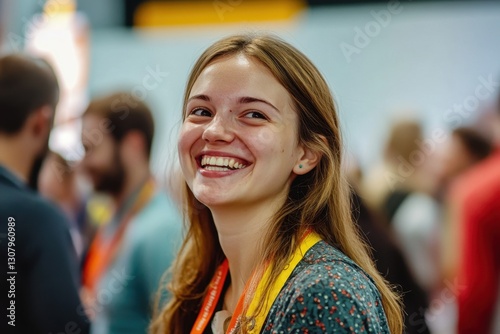 Close up picture of a happy and laughing staff or participant people group listening to a startup business owner at a trade show exhibition event 
