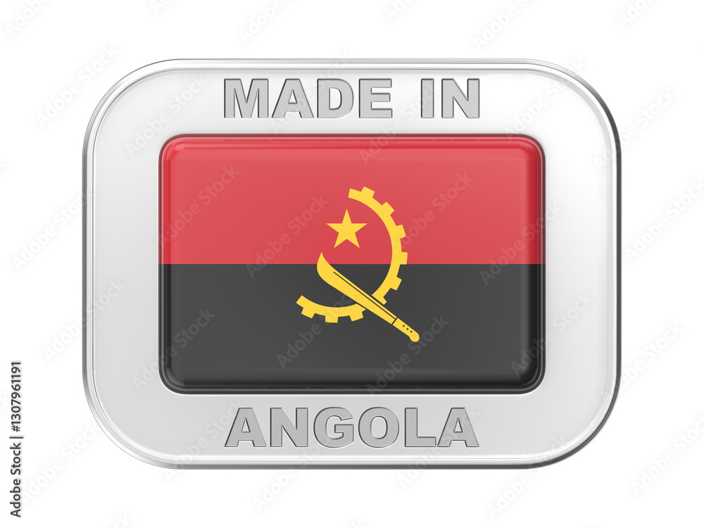 Made in Angola, silver badge with the national flag of Angola Made in Angola, silver badge with the national flag of Angola