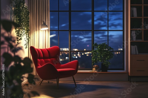 Cozy Red Chair Besides a Big Window in Home Minimalist Interior at Night.