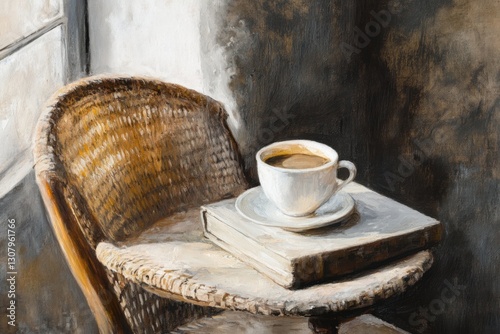 Detail of coffe cup and book on top of chair by window