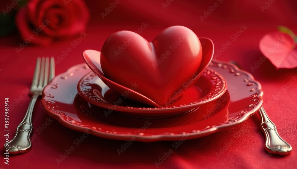 Elegant red place setting, heart-shaped details, dining, romantic, knife Elegant red place setting, heart-shaped details, dining, romantic, knife
