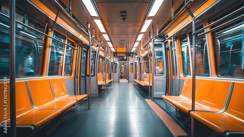 Fototapeta premium Empty subway car interior with orange seats.