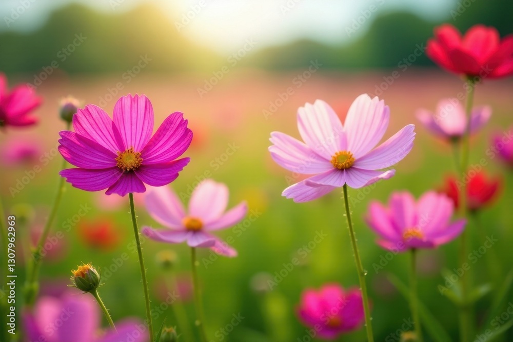 Vibrant cosmos flowers bloom in a summer field , serenity, white Vibrant cosmos flowers bloom in a summer field , serenity, white