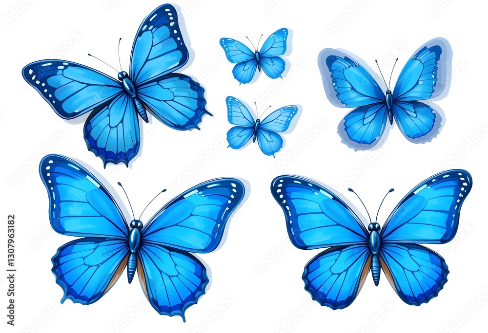 Set of blue butterflies in different positions, isolated on white. Vibrant and playful design for children's graphics. Set of blue butterflies in different positions, isolated on white. Vibrant and playful design for children's graphics.