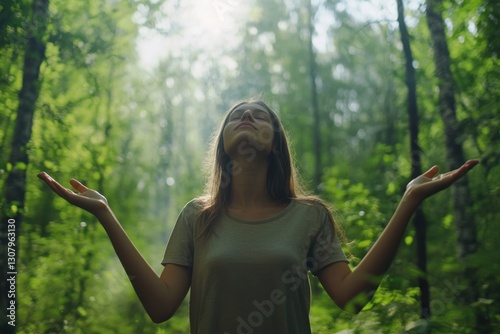 Free woman breathing clean air in the forest. Unhappy girl, open arms in happiness. Fresh outdoor woods, wellness healthy lifestyle concept.