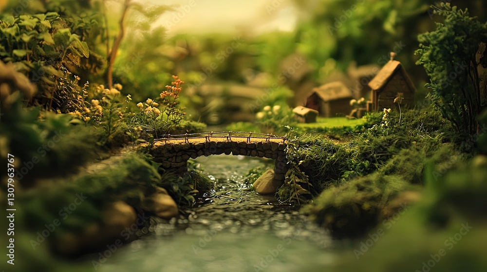 Obraz premium Miniature village scene with stone bridge, flowing stream, lush greenery, and tiny houses.