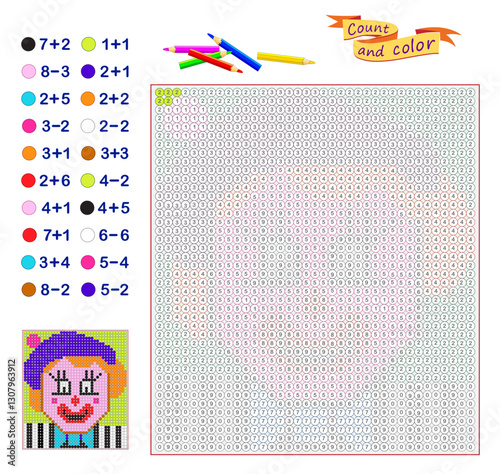 Count and color. Math education for children. Coloring book. Mathematical exercises on addition and subtraction. Solve examples and paint the mosaic. Printable worksheet for kids. Vector illustration