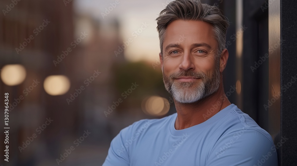 Fototapeta premium A middle-aged man with a beard smiling confidently while leaning against a wall.