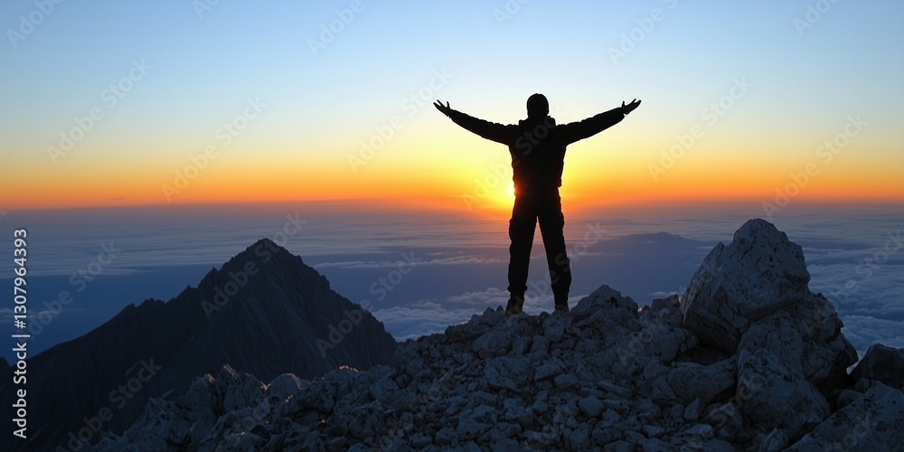 A silhouette of a man with arms outstretched at sunset on a mountain summit. A silhouette of a man with arms outstretched at sunset on a mountain summit.