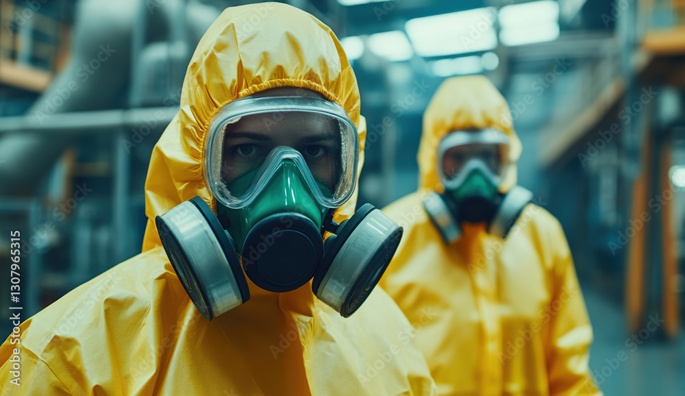 Two Workers in Yellow Hazmat Suits and Protective Gear in Industrial Setting Two Workers in Yellow Hazmat Suits and Protective Gear in Industrial Setting