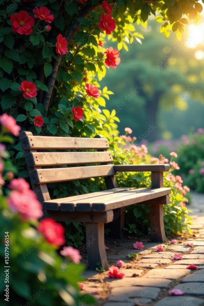 Naklejka premium Sun-drenched wooden bench amidst vibrant blooms, background, outdoors