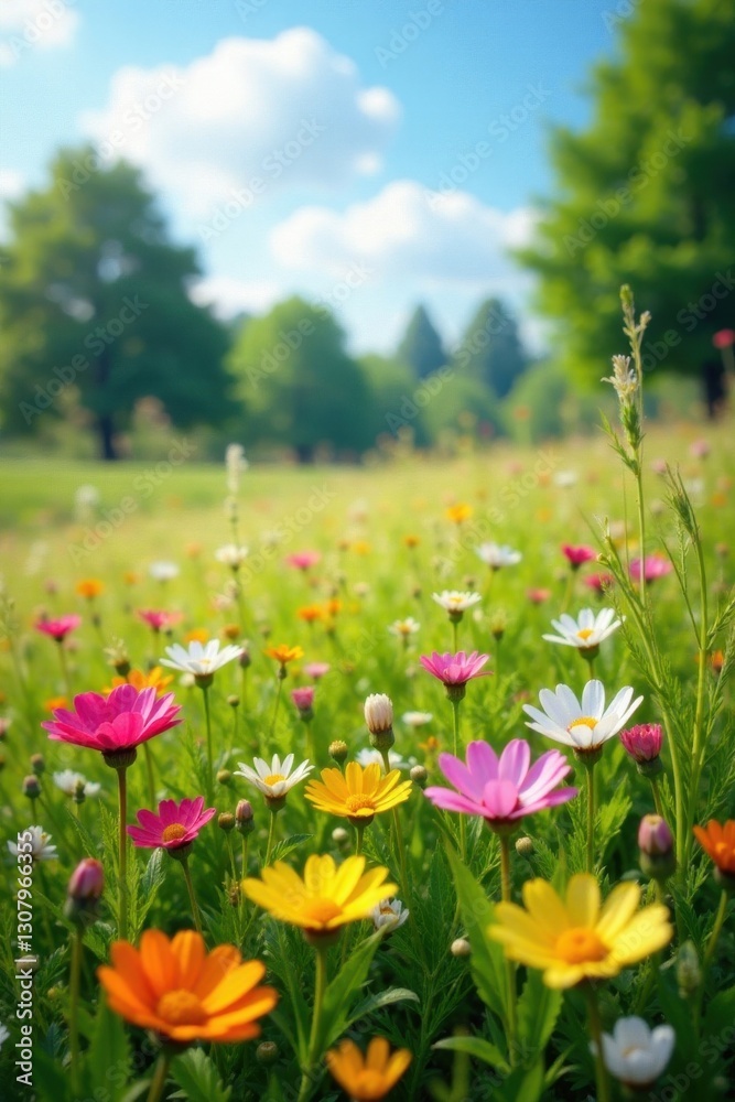 Vibrant wildflowers carpet sunny meadow, summer bloom , white, ecology, sunny Vibrant wildflowers carpet sunny meadow, summer bloom , white, ecology, sunny