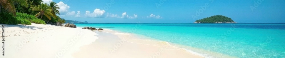 White sand beach, clear shallows, distant island silhouette, idyllic, paradise White sand beach, clear shallows, distant island silhouette, idyllic, paradise