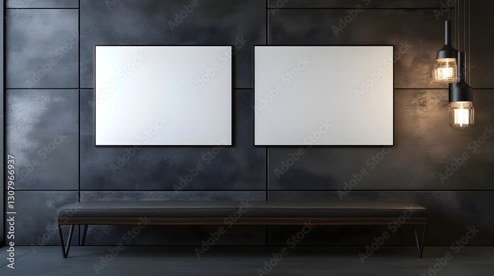 Two blank white poster mockup in a modern office Two blank white poster mockup in a modern office