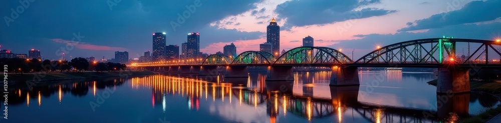 Fototapeta premium Illuminated Fort Wayne bridges and buildings at dusk, wide aerial perspective , Fort Wayne, urban landscape, architecture