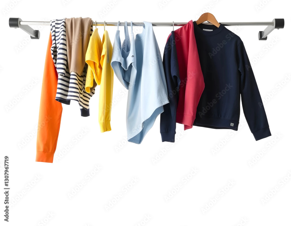 Rack with different clothes hanging on rack, isolated on transparent background Rack with different clothes hanging on rack, isolated on transparent background