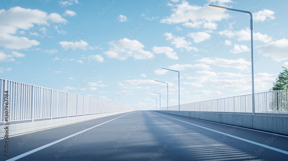 Urban Concrete Road with White Fence and Street Lamp Urban Concrete Road with White Fence and Street Lamp
