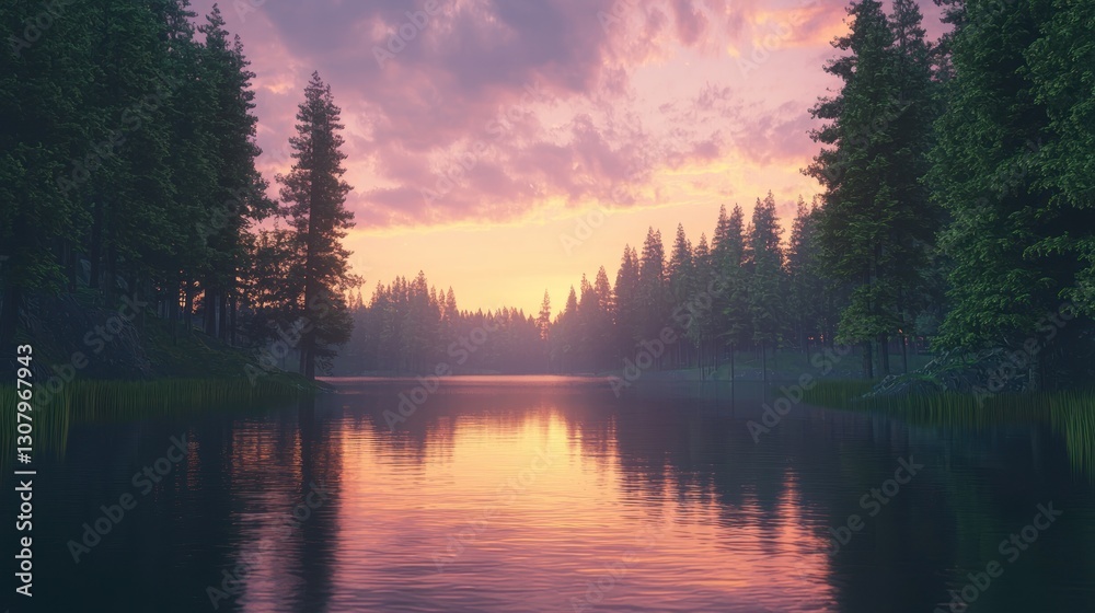 Fototapeta premium Serene sunset over a tranquil lake in a pine forest.
