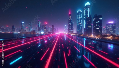 Binary code streams across futuristic cityscape, reality, city