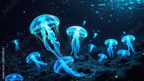 underwater scene with coral riff fishes and jellyfish