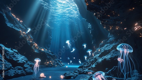 underwater scene with coral riff fishes and jellyfish