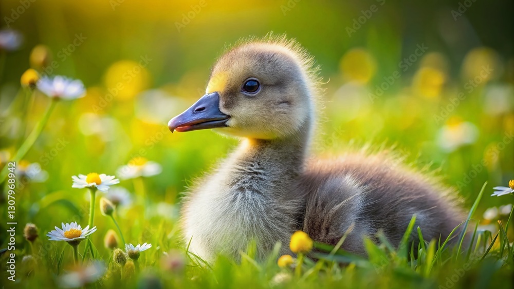 Adorable Greylag Goose Gosling in Lush Green Meadow Landscape Adorable Greylag Goose Gosling in Lush Green Meadow Landscape