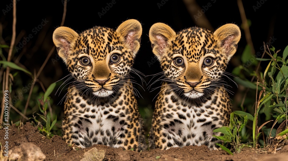 Fototapeta premium Twin Leopard Cubs Hiding in African Night