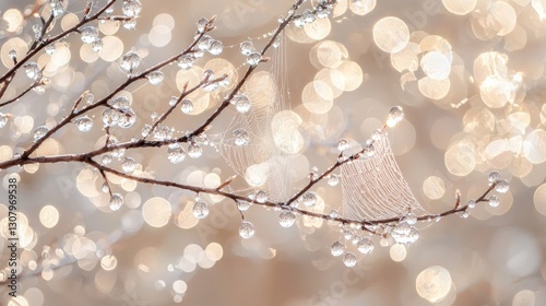 Dew-covered branches with spiderwebs and bokeh background.