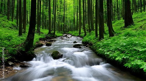 A beautiful forest scene with a flowing river running through it