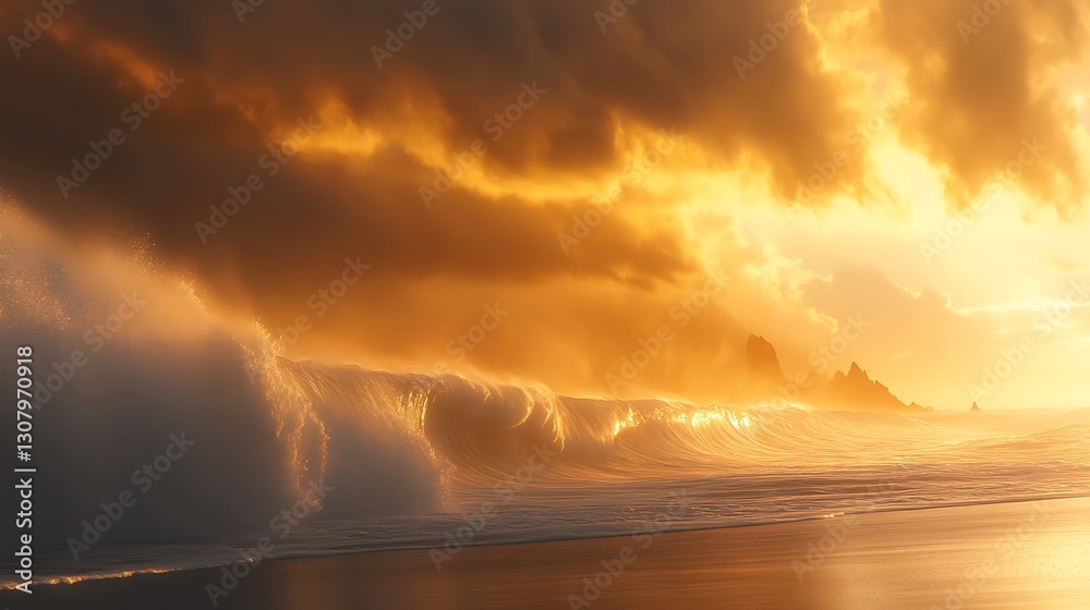 Dramatic golden light illuminates an ocean wave crashing onto the shore Dramatic golden light illuminates an ocean wave crashing onto the shore