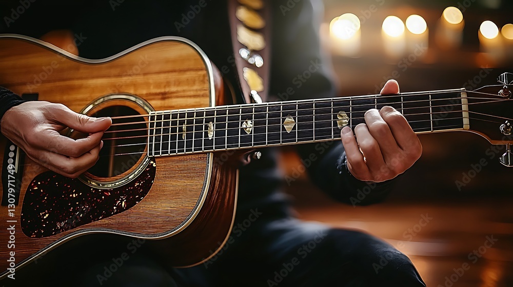Obraz premium Acoustic guitar player indoors, candlelight