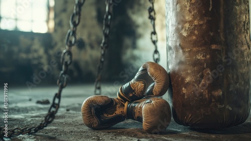 Worn boxing gloves rest near a heavy bag in a gritty gym. (1)