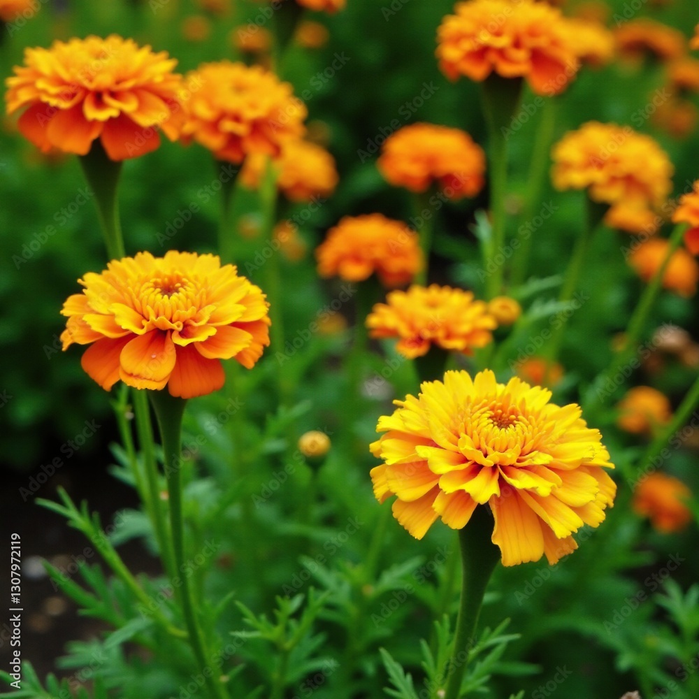 Yellow and red marigold flowers in a green garden, flowers, yellow, garden Yellow and red marigold flowers in a green garden, flowers, yellow, garden